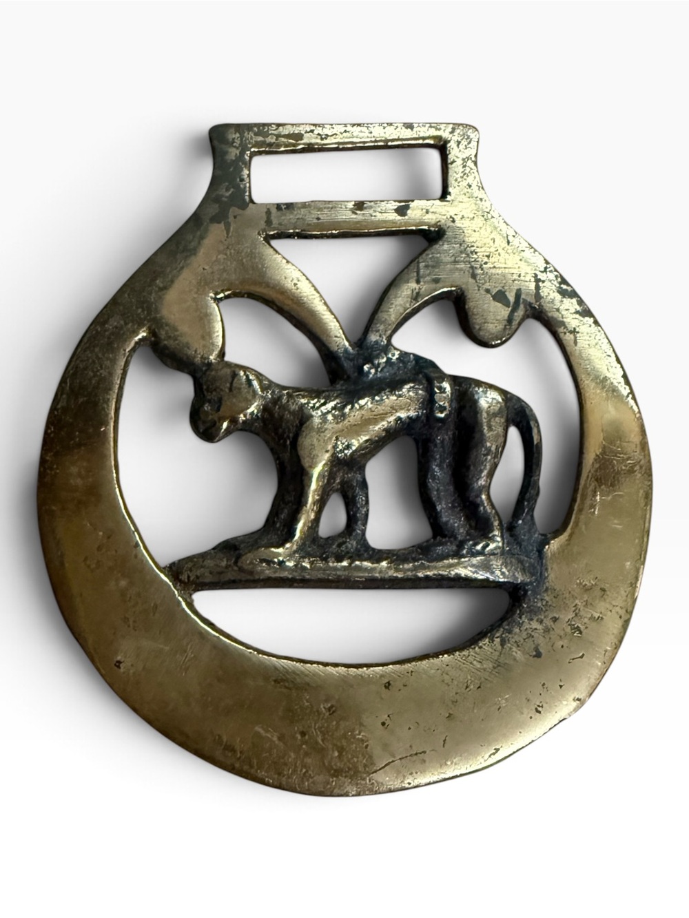 Rare Vintage British Brass Horse Medallion Chained Monkey Crest